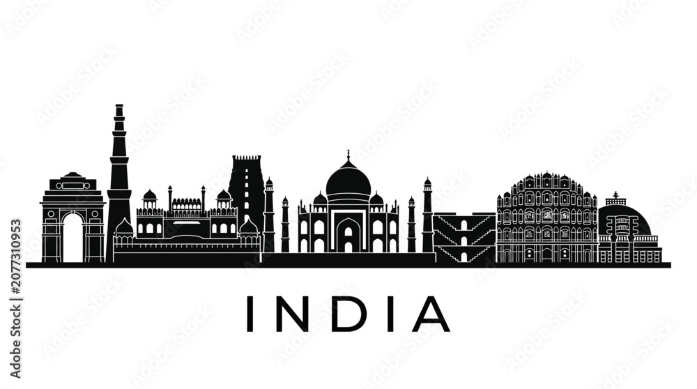Obraz premium India Famous Landmarks Silhouette Skyline Illustration
