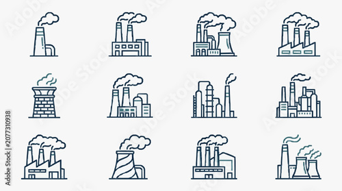 Creative Set of 12 Monochromatic Industrial Factory and Power Plant Icons with Emissions with high quality professional line art symbols for modern creative design and digital branding projects