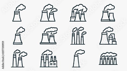 Elegant Black and White Line Drawing Set of Various Industrial Power Plants and Factories with Emissions