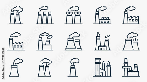 Minimalist Black and White Line Drawing Icons Set of Various Industrial Power Plants and Factories with Emissions