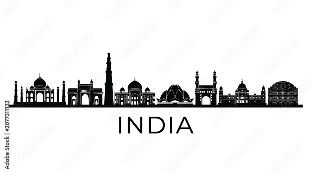 Obraz premium India Skyline Silhouette - Famous Landmarks Collection Black and White