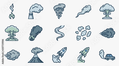 Industrial and Natural Disaster Icons Set Minimalist Illustrations of Smoke Fire Pollution and Explosions in Monochrome