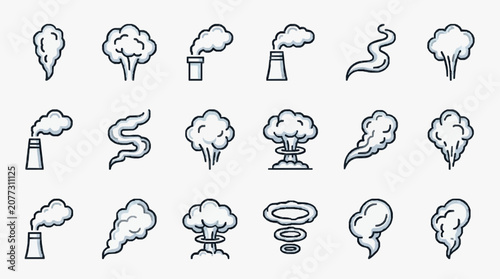 Elegant Minimalist Line Art Collection of Smoke Clouds Industrial Emissions and Explosions in Monochrome