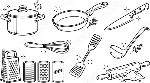 Tableau sur toile Kitchen utensil cooking tool doodle line icon set with pot pan knife whisk spatu