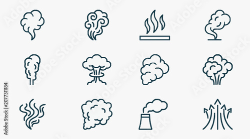 Modern Minimalist Line Icons Set Featuring Various Types of Smoke Clouds Fire and Industrial Emissions in Black and White