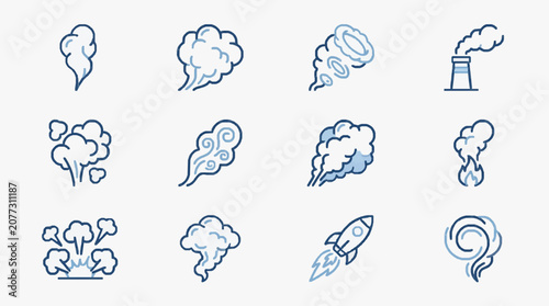Elegant Minimalist Line Art Collection of Various Smoke Cloud and Exhaust Illustrations in Light Blue and Dark Blue