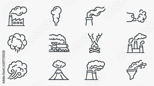 Elegant Black and White Line Icons Set Featuring Various Pollution and Emission Sources with high quality professional line art symbols for modern creative design and digital branding projects
