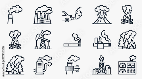 Elegant Black and White Line Icons Set Featuring Various Environmental Pollution and Emission Sources