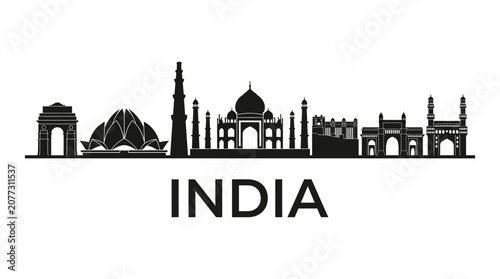 India Skyline Silhouette with Famous Landmarks and Text