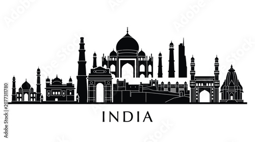Indian Landmarks Skyline Silhouette - Taj Mahal, India Gate, Temples