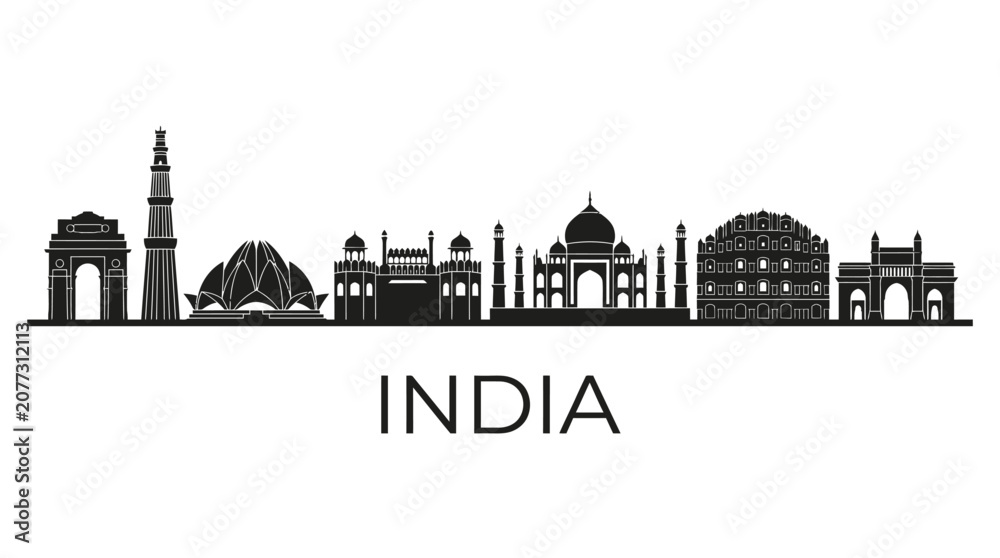 Obraz premium India Skyline Silhouette: Iconic Landmarks and Famous Monuments