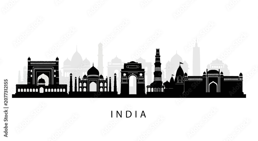 Obraz premium India Skyline Silhouette: Iconic Landmarks in Black and White