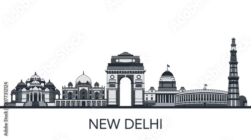 New Delhi Skyline Monochrome Art - India Landmarks Silhouette