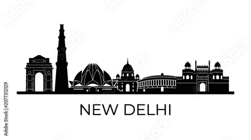 New Delhi Skyline Silhouette - Iconic Landmarks in Black and White