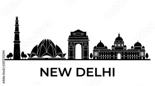 New Delhi Skyline Silhouette - Iconic Landmarks in Black and White