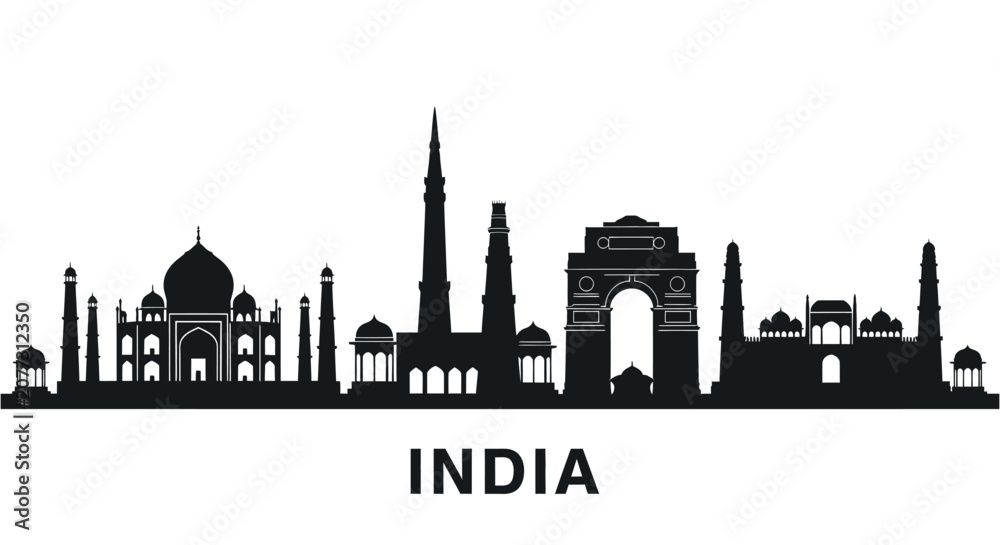 Fototapeta premium India Skyline Silhouette: Taj Mahal, India Gate & Famous Landmarks