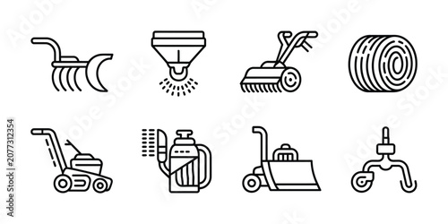 Foto Agricultural Machinery Icons Featuring Plow, Seeder, Tiller, Baler, Mower, Spray