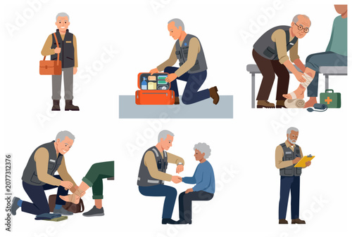 Senior male paramedic volunteer providing first aid medical assistance to patients vector illustration set