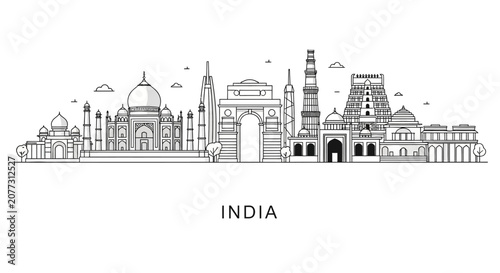 India Skyline Silhouette: Taj Mahal, India Gate, Temples - Vector Art Outline