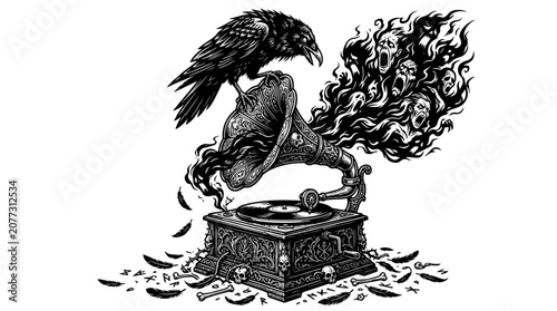 Dark Raven on Gramophone Emitting Ghostly Faces and Skulls