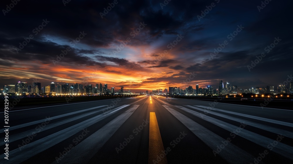 Fototapeta premium Urban skyline at dusk with illuminated buildings and a wide runway leading towards a vibrant sunset over a cityscape in the background