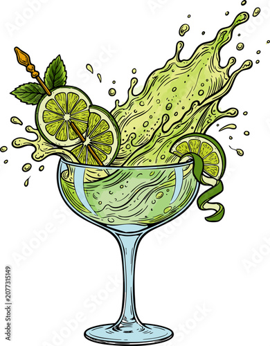 Hand Drawn Green Cocktail Splash in Martini Glass Vector Illustration