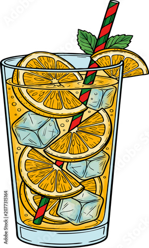 Iced Lemon Juice with Citrus Slices Hand Drawn Vector Illustration