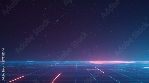 Futuristic digital landscape with glowing grid lines and starry night sky, featuring vibrant neon colors and a sense of depth in a virtual environment