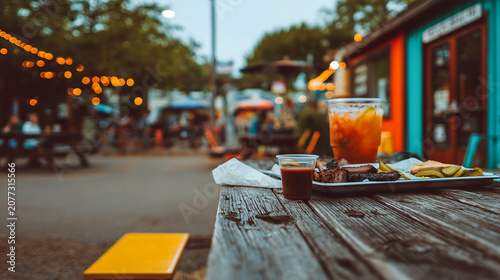 Texas Barbecue Brisket Served on Outdoor Patio Restaurant Table
