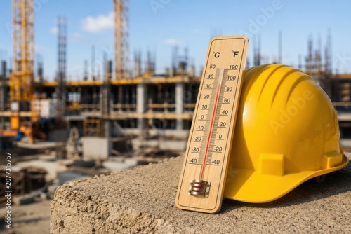 Construction safety during extreme summer heat. Hard hat and thermometer on building site highlighting heat stress, worker safety and high temperature conditions