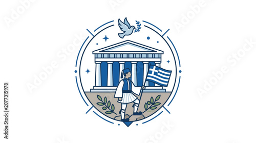 Greek traditional costume soldier with temple and flag illustration