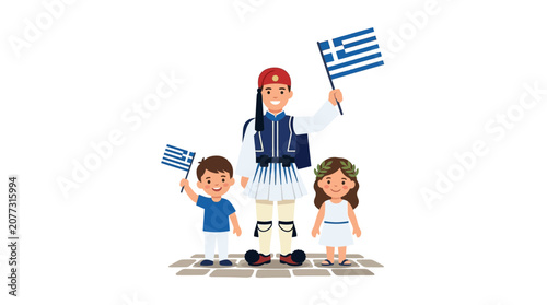 Greek Traditional Costume with Children Holding Greece Flags Celebrating