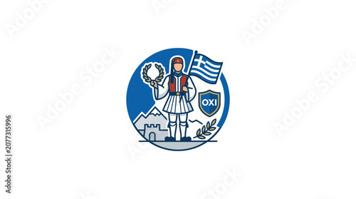 Greek Traditional Evzon Soldier Holding Flag and Laurel Wreath Emblem