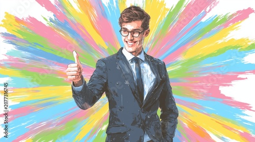 Young businessman in a suit giving a thumbs-up gesture with a colorful abstract background featuring vibrant splashes of paint in various pastel shades