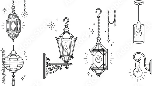 Photos Vintage hanging lamps and wall sconce line icon set featuring lanterns chandelie