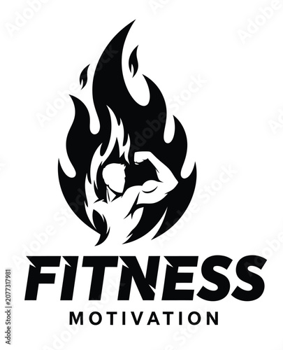 “Fitness Motivation Logo with Flame and Muscular Figure for Gym Branding Design”
