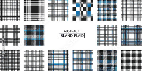Abstract bland plaid seamless pattern vector set with geometric black blue and grey checkered grid fabric textures