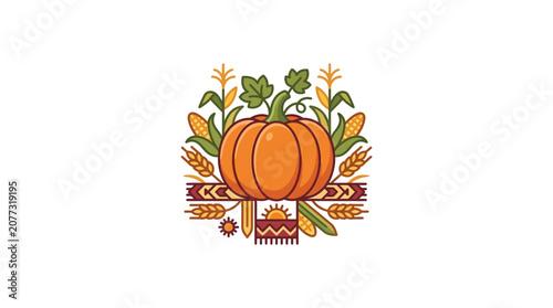 Hand Drawn Autumn Pumpkin with Wheat and Floral Elements