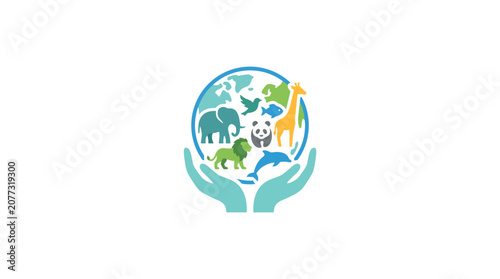 Hand Holding Globe with Diverse Wildlife Silhouettes Conservation Concept