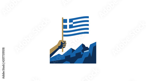 Hand Holding Greek Flag Above Stylized Mountain Peaks Icon