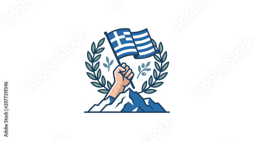 Hand Holding Greek Flag with Laurel Wreath and Mountain Background