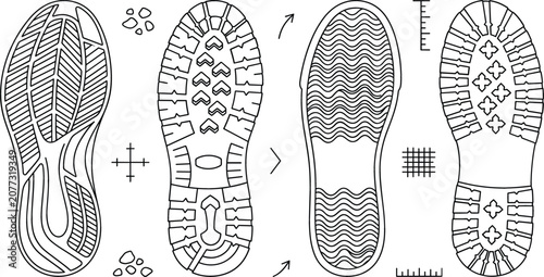 Obraz na płótnie Shoe sole and footprint tread texture line icon set featuring sneaker boot grip