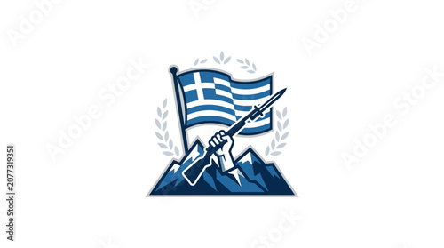 Hand Holding Greek Flag with Mountains and Laurel Wreath Emblem