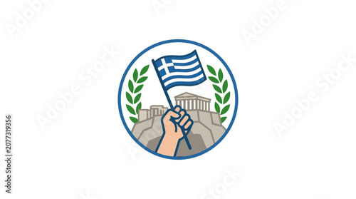 Hand Holding Greek Flag with Acropolis and Laurel Wreath Emblem