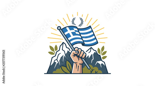 Hand Holding Greek Flag with Mountain Background Illustration