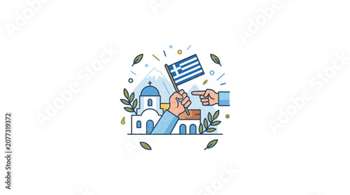 Hand Holding Greek Flag with Santorini Blue Dome Church Illustration