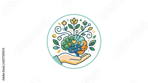 Hand Holding Growing Green Heart with Leaves and Flowers Illustration