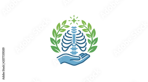 Hand Holding Human Rib Cage with Laurel Leaves and Medical Cross
