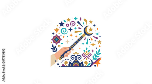 Hand Holding Magic Wand with Colorful Mystical Symbols