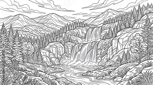 serene mountain waterfall landscape with trees.